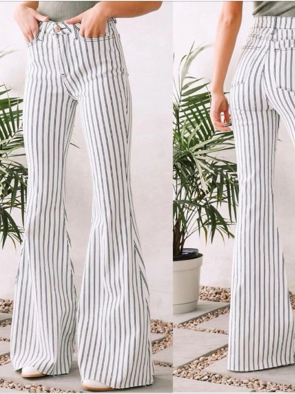 Kancan Pinstripe High-Waist Flare Jeans Boho Western Cowgirl Stretch Raw Hem